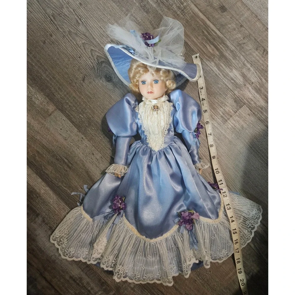 Vintage Porcelain Doll 19 Inch Blue Satin Lace‎ Dress Blonde Hair Blue Eyes Hat